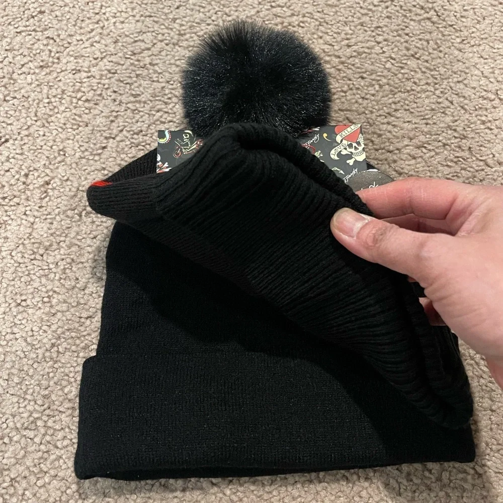 2pcs ED HARDY Unisex Black Faux Fur Beanie One Size